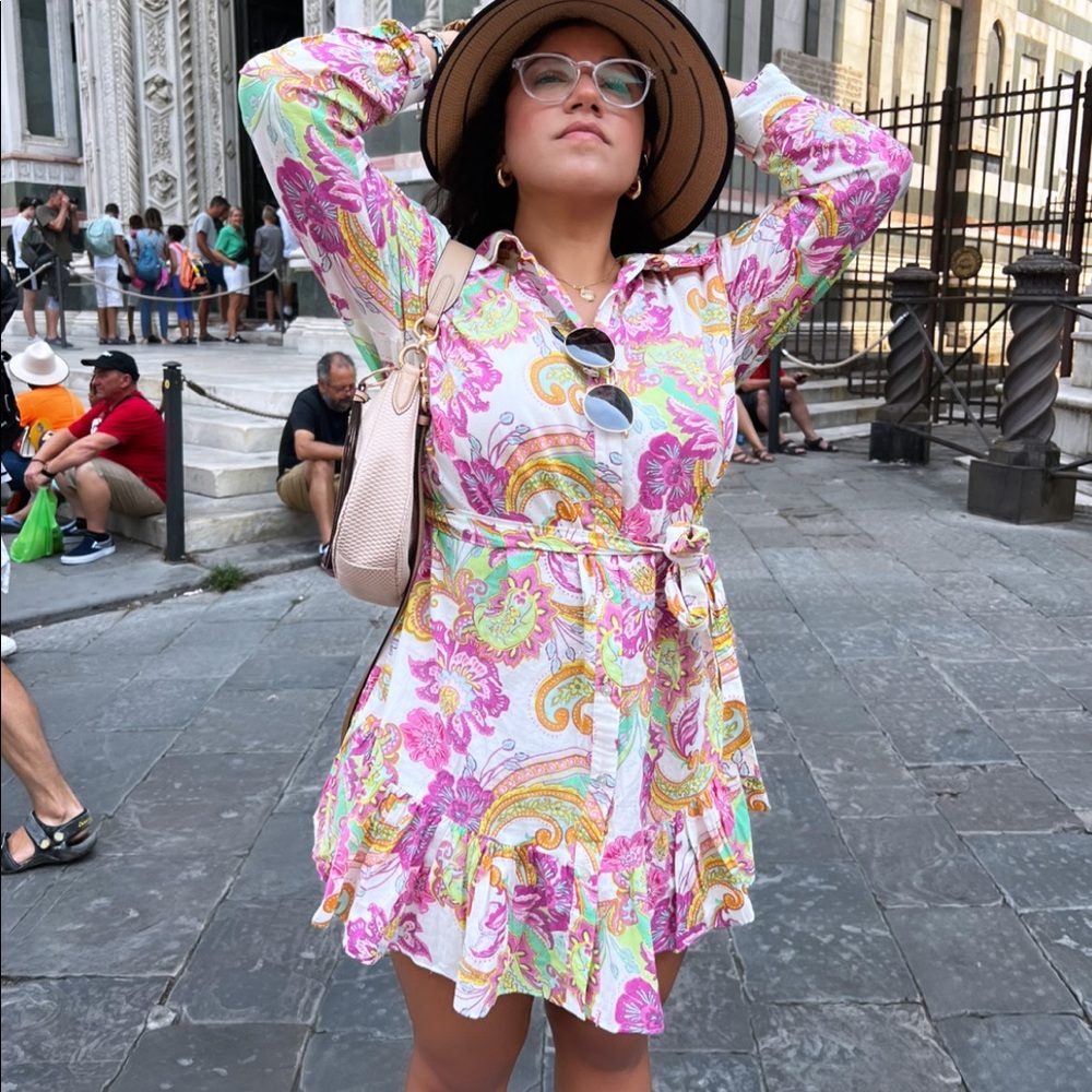 ZARA Paisley floral print long sleeve summer flowy collar belt day casual dress